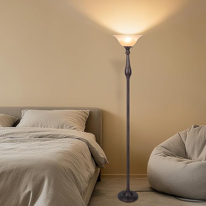 Floor Lamp with Alabaster Glass Bowl Shade, 72 Inch Tall Torchiere, Dark Brown, Brushed Nickel