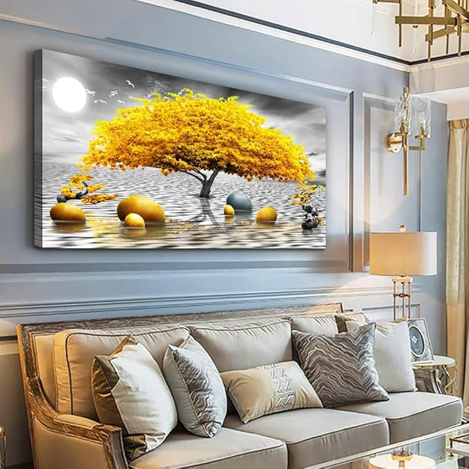 MHARTK66 Wall Decorations For Living Room Canvas Wall Art For Bedroom Abstract Wall Decor Black And White Canvas Art Yellow Tree Paintings Bathroom Home Decoration Hang Pictures Office Large Artworks