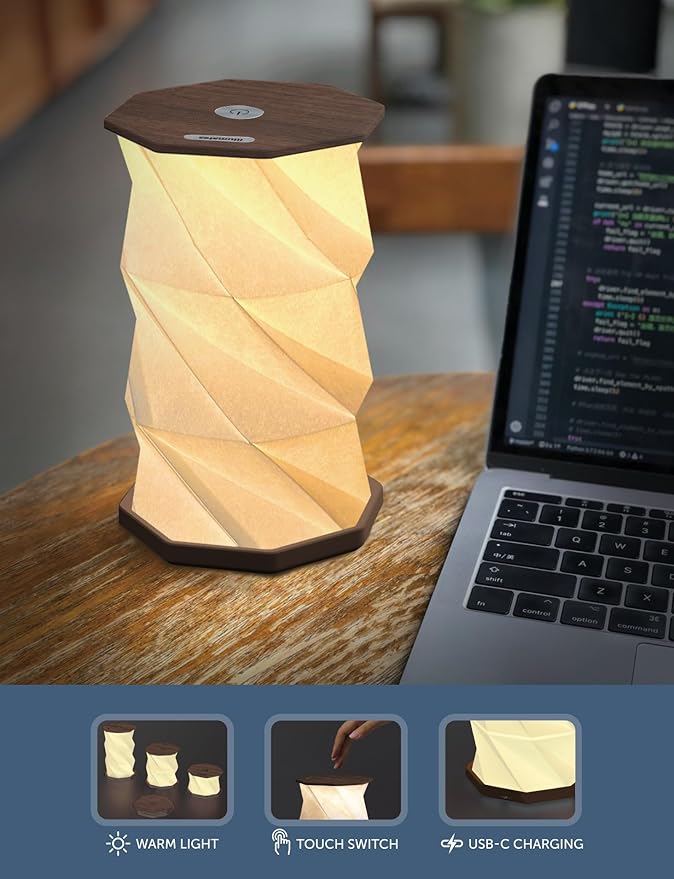 Origami Expanding Foldable LED Desk Lamp – USB Rechargeable & Portable - Dimmable Touch Control Light with Adjustable Height up to 8.25" for Office, Travel, Bedside & Modern Design (Wood Grain)