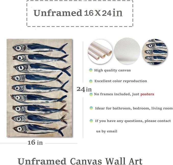 Vintage Canvas Wall Art Decor, Sardine Still Life Farmhouse Wall Prints for Kitchen, Nautical Fish Coastal Home Art, Rustic Posters for Living Room Aesthetic, Unframed Painting Artwork, 16"x24"
