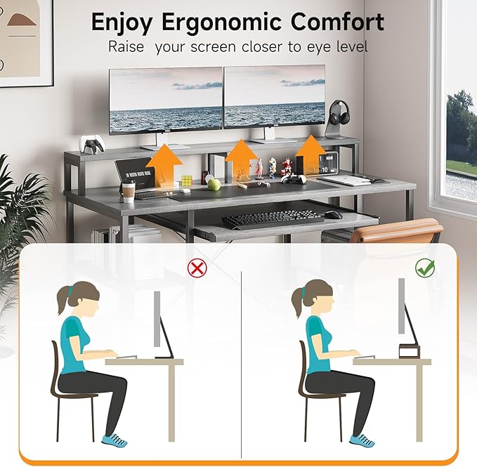 VERMESS Computer Desk- 48 Inch Home Office Desk with Keyboard Tray, 47" Gaming Desk with Full Monitor Stand & Storage Shelves & CPU Stand, Modern Study Writing Table with Shelf for Storage, Gray Oak