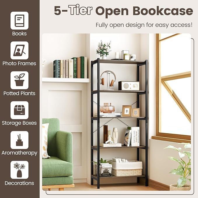 Giantex Industrial 5-Tier Wood Bookshelf - 63.5’’ Tall Open Storage Organizer Shelves with Anti-Tipping Device and Foot Pads, Steel Frame Bookcase Display Rack for Living Room, Bedroom, Office, Grey