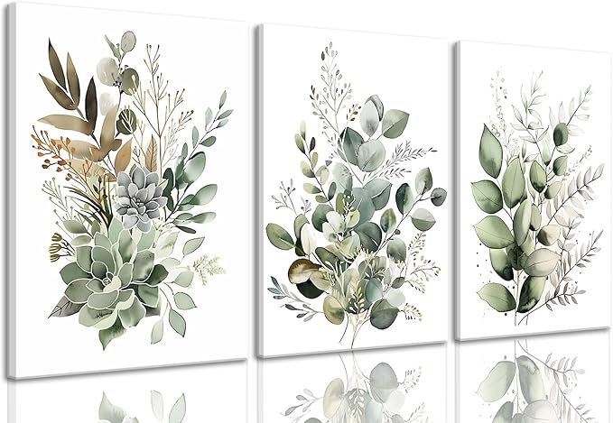 Bwodke Botanical Wall Art Plant Floral Watercolor Canvas Prints Set of 3 Framed Sage Green Painting Eucalyptus Leaf Picture Modern Minimalist Boho Decor Bedroom Bathroom Living Room 12"x16"