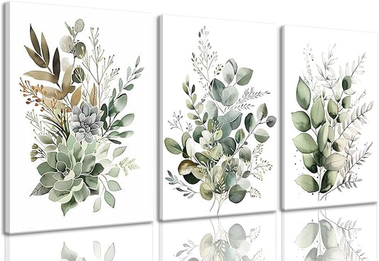 Bwodke Botanical Wall Art Plant Floral Watercolor Canvas Prints Set of 3 Framed Sage Green Painting Eucalyptus Leaf Picture Modern Minimalist Boho Decor Bedroom Bathroom Living Room 12"x16"