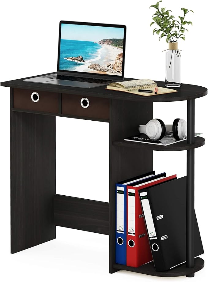 Furinno GO GREEN Desk, 31.5" Wide Gaming Desk with 2 Side Shelves and Storage Bins, Computer Desk, Office Desk for Home Office, Study Room, Dorm, Bedroom, Espresso
