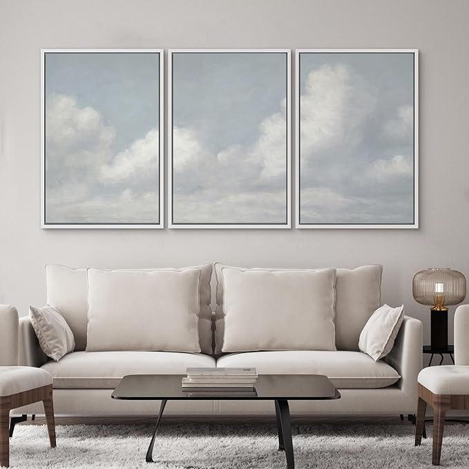SIGNWIN Framed Canvas Print Wall Art Set Soft Sky and Clouds Minimalist Blue and White Cloudscape Illustrations Modern Art Decorative for Living Room, Bedroom, Office - 24"x36"x3 White