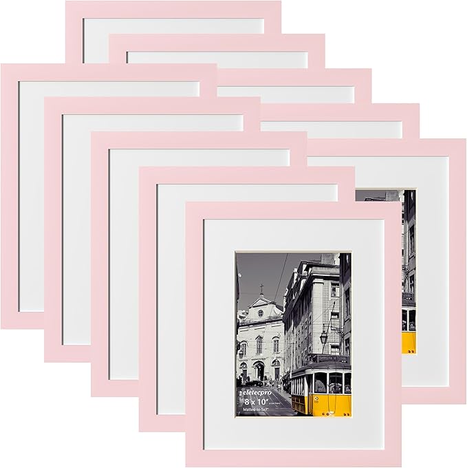 eletecpro 8x10 Picture Frames Set of 10, Picture Frame Collage Wall Decor Display 5x7 Photo with Mat or 8x10 without Mat, Home Decor Gallery Frame for Table Top or Wall Mounting, Pink