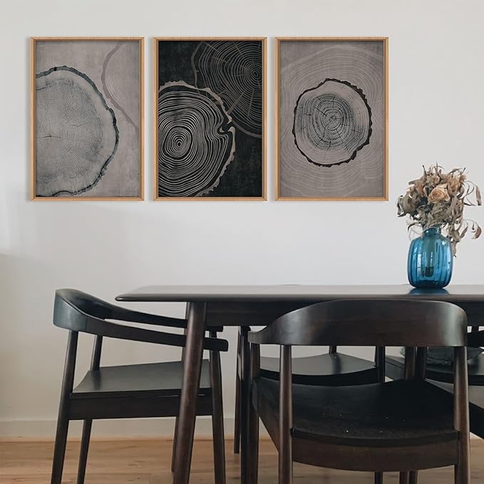 Ausril Tree Ring Framed Canvas Wall Art Set of 3, Modern Beige Wood Stump Wall Decor, Black and Gray Tree Spiral Wall Painting, Neutral Nature Art Print for Living Room, Bedroom, Office - 36"x24"