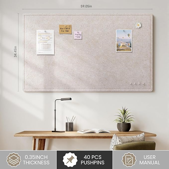 Bulletin Board, 60 X 35 inches Decorative Felt Cork Board Alternative with Pushpins, Foldable Felt Notice Pin Board Photo Display Board for Office Home School Wall
