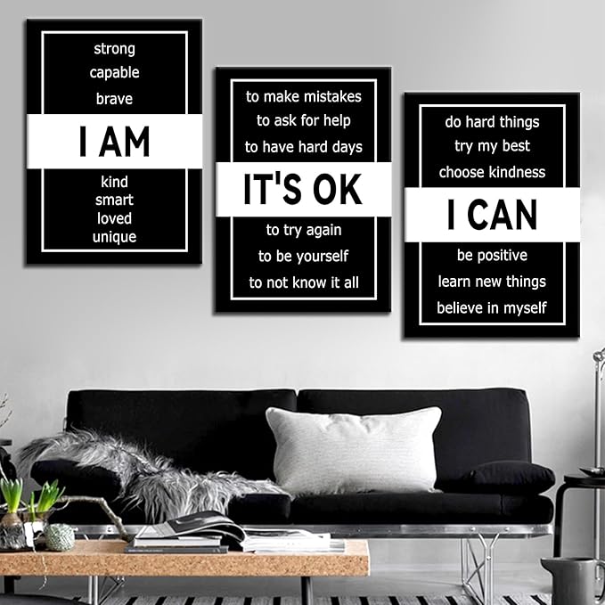 3 Panel Inspirational Canvas Wall Art Print I Can I Am It's OK Motivational Quotes Office Decor Poster Painting Inspiring Artwork for Home Living Room School Hallway Ready to Hang [60''Wx 28''H]