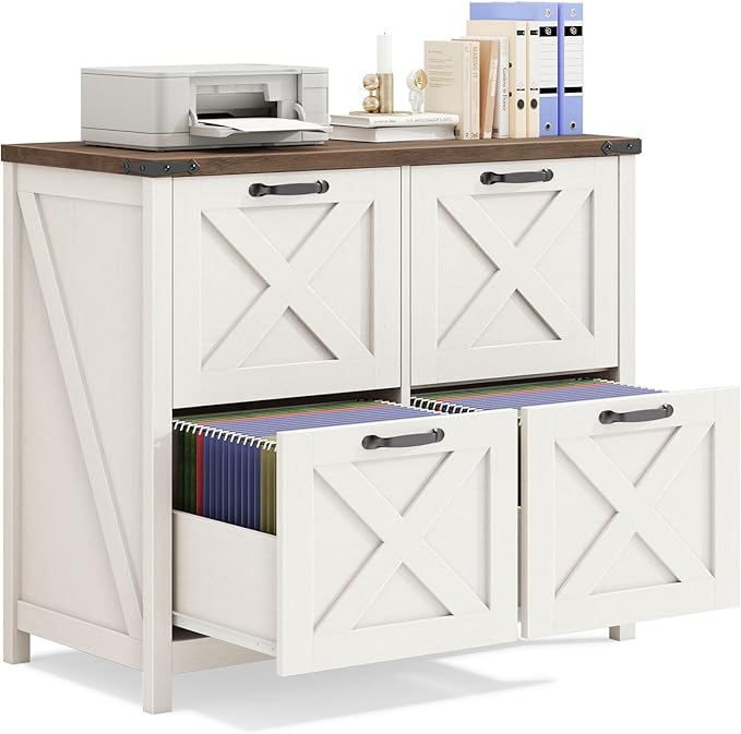 Lateral File Cabinet with 4 Drawers, Farmhouse File Cabinet for Letter/A4 Size Hanging Files, Large Wood File Storage Cabinets Printer Stand for Home Office Cabinets, Rustic White and Brown