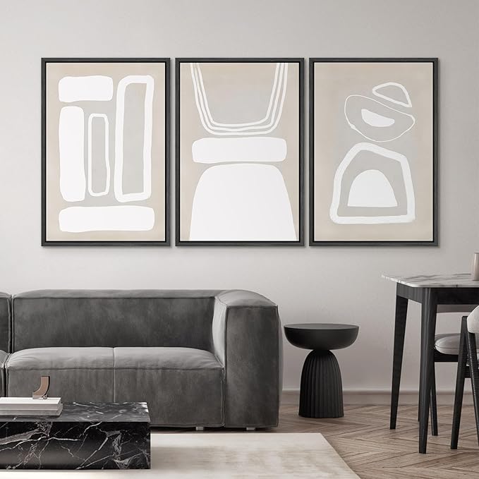 SIGNWIN Framed Canvas Print Wall Art Set Mid-Century Boho Geometric Polygons Abstract Shapes Cozy Neutral Modern Art Decorative Contemporary Minimal for Living Room, Bedroom, Office - 24"x36"x3 Black