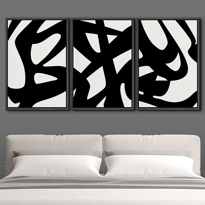 IDEA4WALL Framed Canvas Print Wall Art Set Black White Geometric Graffiti Landscape Abstract Shapes Illustrations Modern Art Decorative Contemporary for Living Room, Bedroom, Office - 24"x36"x3 Black