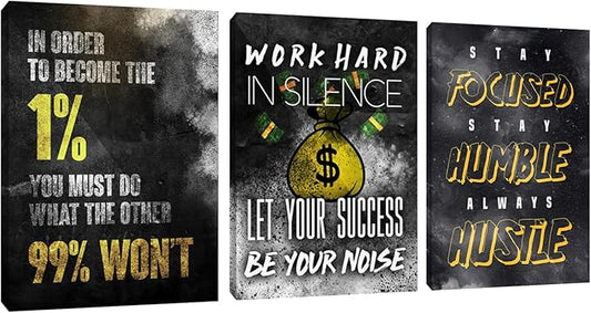 3 Piece Black Wall Art Modern Motivational Quotes Wall Art Canvas Art Inspiring Entrepreneur Hustle Poster Prints Wall Decor Office Wall Decorations Framed Posters for Office(48”Wx24”H)