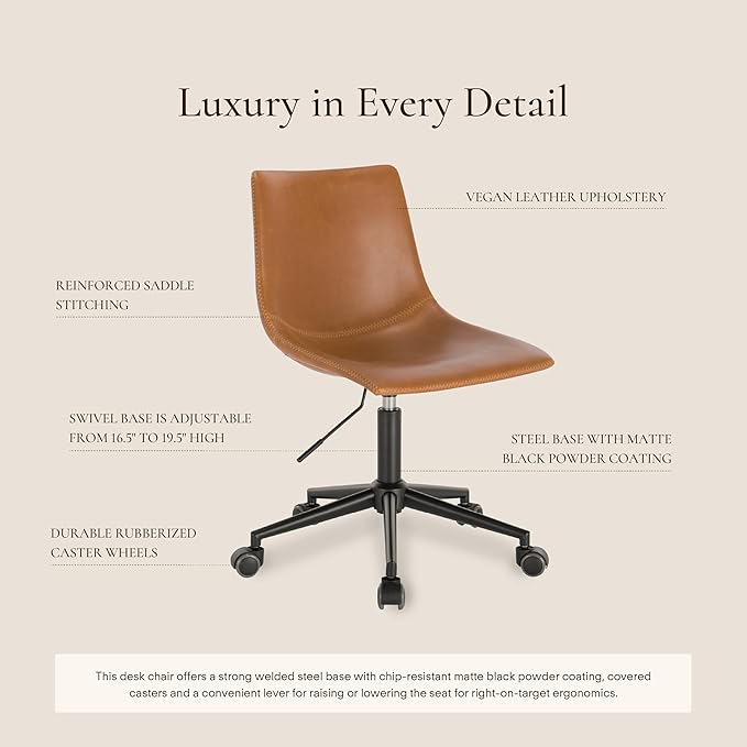 POLY & BARK Paxton Task Chair – Adjustable Height 17"-21" Swivel Office Chair with Vegan Leather Upholstery, Matte Black Steel Frame, and Caster Wheels – Cognac Tan