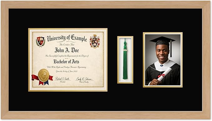 CountryArtHouse Diploma Tassel and Photo Shadowbox Fits 10 x 8 Professional License with Tassel Hook and 5 Natural Wood Genuine Hardwood with Black Over Metallic Gold Double mat