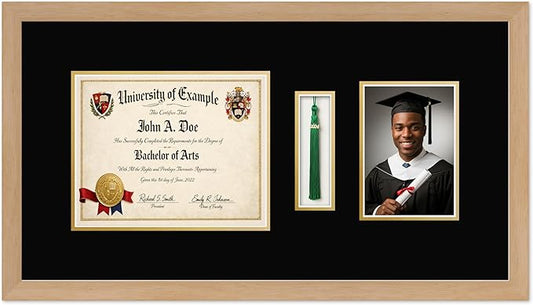 CountryArtHouse Diploma Tassel and Photo Shadowbox Fits 10 x 8 Professional License with Tassel Hook and 5 Natural Wood Genuine Hardwood with Black Over Metallic Gold Double mat