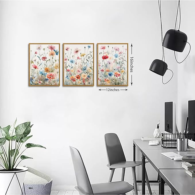 KISSFOX Colorful Wildflower Canvas Wall Art Set Of 3 Flowers Pictures Prints Flowers Printing Floral Watercolors Flower wall Decor Living Room Girls Bedroom Bathroom (Grey Blue, 12"x16" Natural Framed, Framed)