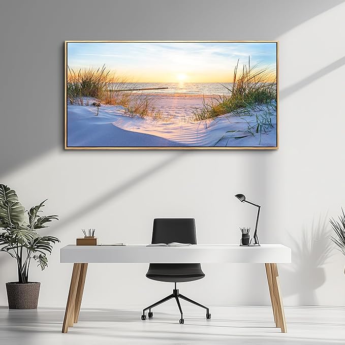 MHARTK66 Canvas Prints Wall Art Beach Sunrise Ocean Waves Beach Grass Nature Pictures Coastal Wall Decor Stretched Canvas Wooden Framed for living Room Bedroom and Office Home Decoration 24"x48"