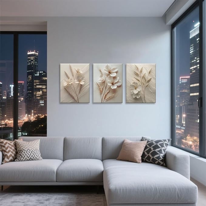 TUEASKY 3 Piece Canvas Wall Art Flower Wall Decor Beige Pictures Botanical Paintings Floral Prints Artwork for Living Room Bedroom