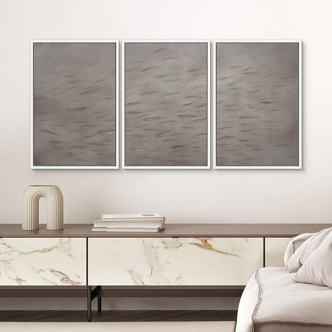 SIGNWIN Framed Canvas Print Wall Art Set Minimalist Fish Shoal Pattern Subtle Gray Underwater Illustrations Modern Art Decorative Abstract for Living Room, Bedroom, Office - 24"x36"x3 White