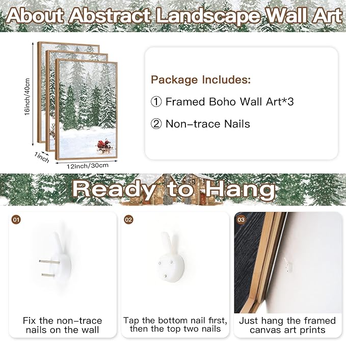 CHDITB Santa Claus Reindeer Sleigh Framed Canvas Wall Art(12"x16"), 3 Panels Christmas Winter Holiday Artwork Prints, Large Rustic Xmas Gift Snow Scene Forest Landscape Decor for Home Office Bedroom