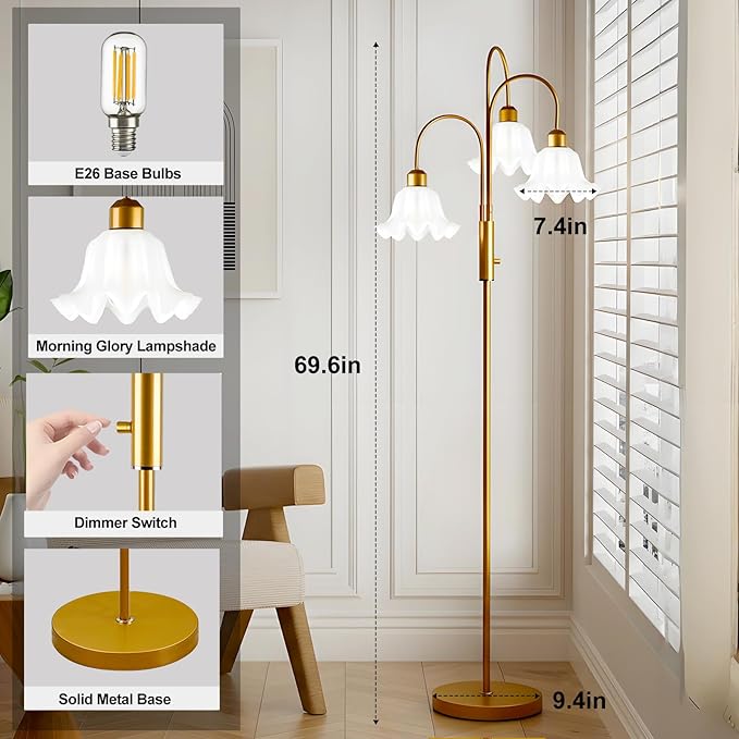Lightdot 70IN Flower Floor Lamp for Living Room, 3 Light Dimmable Tree Floor Lamps with 3000K Bulb Included for Wedding/Party, Unique Floral Tall Lamp for Bedroom/Sofa Beside/Corner Decor-Gold