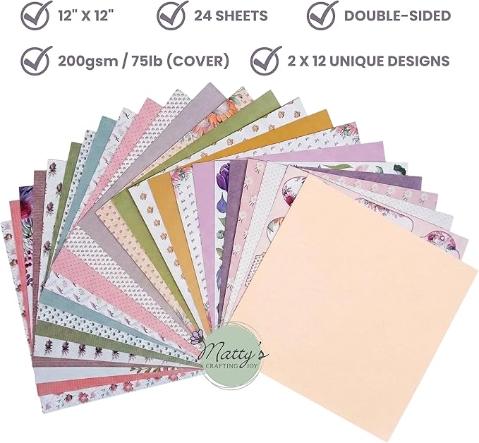 Matty's Crafting Joy Floral Grace 12x12 Double Sided Scrapbook Cardstock Paper Pad, 24 Floral Designer Patterned Paper Pack