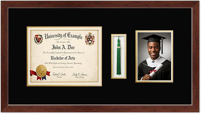 CountryArtHouse Diploma Tassel and Photo Shadowbox Fits 10 x 8 Professional License with Tassel Hook and Rustic Walnut Genuine Hardwood with Black Over Metallic Gold Double mat