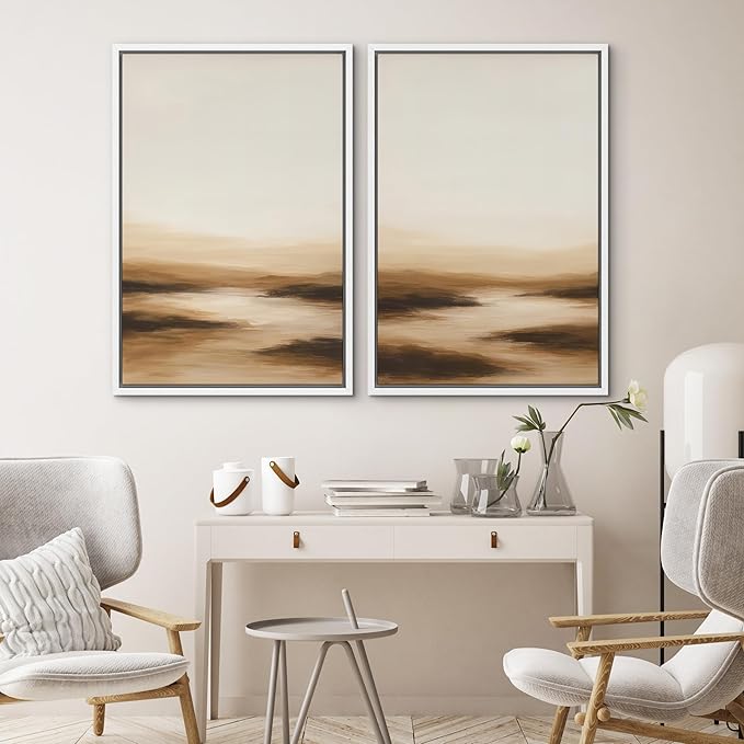 SIGNWIN Framed Canvas Print Wall Art Set Warm Brown Abstract Horizon Neutral Minimalist Landscape Illustrations Modern Art Decorative Multicolor for Living Room, Bedroom, Office - 24"x36"x2 White