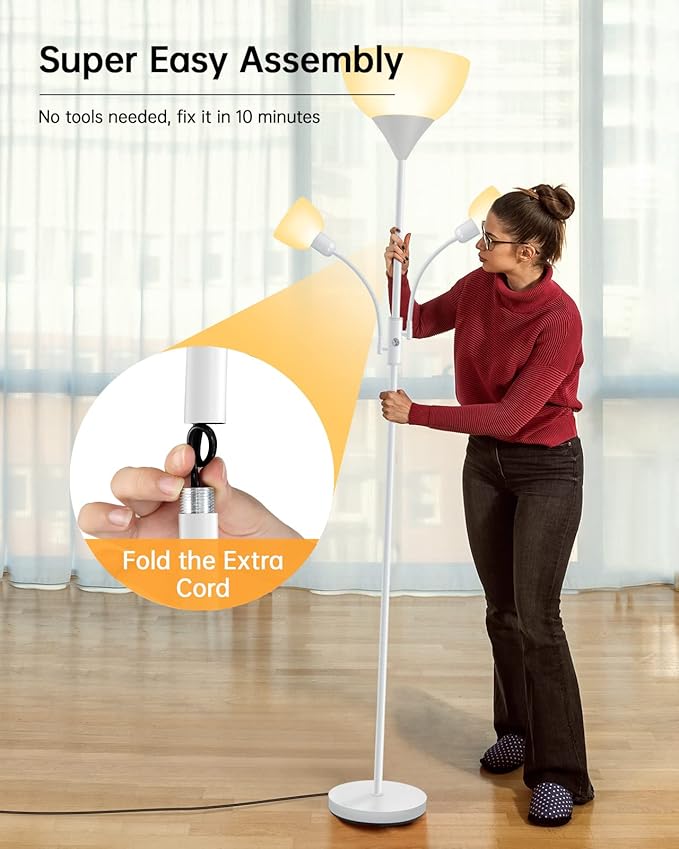 Floor Lamp, Torchiere Floor Lamps for Living Room, 71 Inch Tall Standing Lamp, Bedroom Lamps with Reading Light, Rotary Switch, 3 Plastic Lampshade, Torch Floor lamps for Bedroom (White, No Bulb)