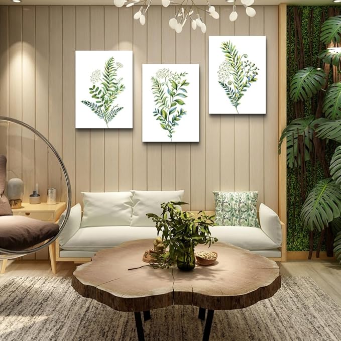 Lapremoly Large Framed Canvas Wall Art for Bedroom Bathroom 3 Pieces Wall Decor Kitchen Wall Decorations Canvas Print Decor Modern Simple Living Room Home Picture Green leaves Poster Wall Paintings