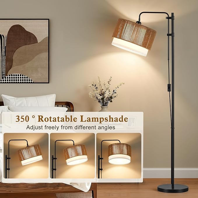 GyroVu Rattan Floor Lamp for Living Room, 3 Color Temperatures LED Bulb Included, Farmhouse Boho Arc Standing Lamp, Handwoven Tall Lamps for Bedroom, Home Office, Corner