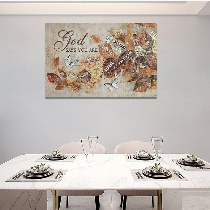 yerretin Fall Christian Leaves Wall Art Autumn Religious Pictures Wall Decor Rustic God Says Canvas Painting Modern Artwork Home Decoration for Living Room Bathroom Bedroom Office Framed 24"x16"