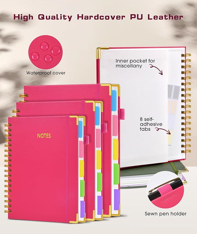 Hardcover Spiral Notebook journal with Removable Dividers Tabs, 300 Pages Leather 5 Subject Notebook College Ruled, 100GMS A5 Notebooks for Work School Note taking,Lined Journal for Women,A5-Rose