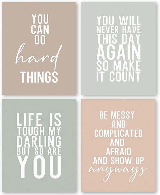 QLMX Boho Office Inspirational Wall Art Prints Set of 4, Motivation Wall Decor, Positive Affirmations Prints Decor, Inspiration Poster for Office Women Men Bedroom 8”x10” Unframed