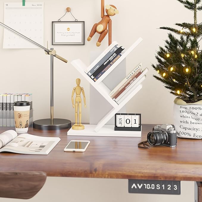 YMYNY 2 Tier Modern Wood Tree Bookshelf, Small Bookcase, Freestanding Book Shelf for Books/Movies/CDs, Display Rack for Bedroom, Home Office, White UHBC012W