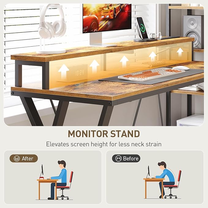 Reversible L Shaped Gaming Desk with Shelves, 52'' L Shaped Computer Desk with Power Outlet and LED Light, Corner Desk with Storage Shelf and Monitor Stand, for Home Office, Rustic Brown