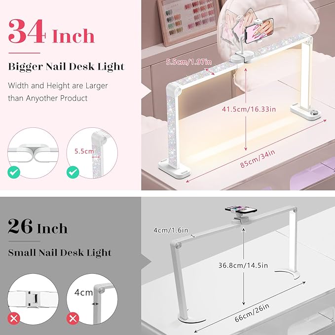 Yokilly 48W Half Moon Light: 34" Shadow-Free Half Moon Light for Desk Salon - Foldable LED Desk Lamp with Stepless Brightness 3000K-6500K for Manicurist Nail Tech (White Diamond, Large)