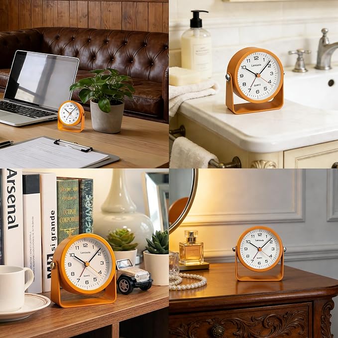 3.5 Inch Small Desk Alarm Clock, Battery Operated Analog Silent Clock with Night Light, Retro Vintage Metal Bedside Clock for Bedroom, Office, Bathroom, Dorm, Shelf, Table - Orange