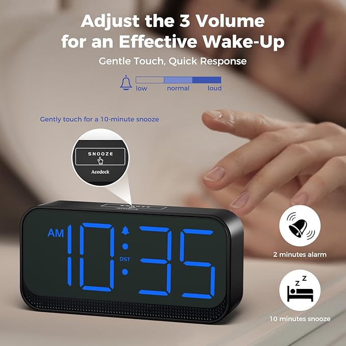 Battery Operated Digital Clock: Cordless Small Alarm Clock for Bedroom Travel - Large Numbers 4 Dimmers for All Ages Blue Digits