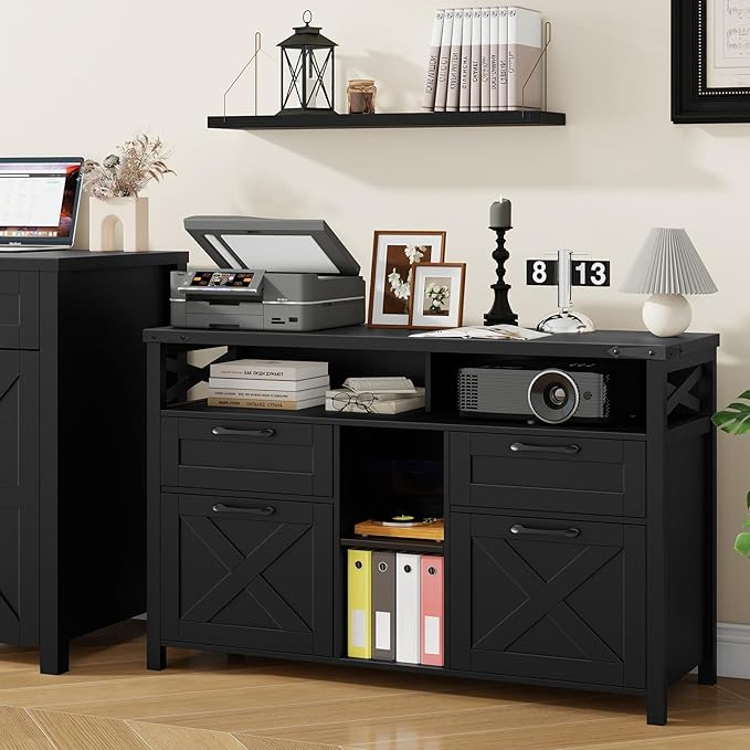 Farmhouse Filing Cabinet with Adjustable Shelf for Home Office, Lateral File Cabinets 4 Drawers with Open Storage Shelf, Filing Organization Storage Cabinets for Hanging Files Letter/A4.Pure Black