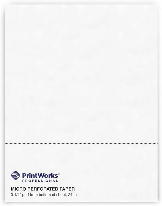 PrintWorks Professional 3 1/4" Horizontal Perforated Paper 8.5” x 11” - Perfect For W-2, 1099, & Statement Use - Made in the USA - 500 Sheets - 20 lb - Printer Compatible - White (04115)