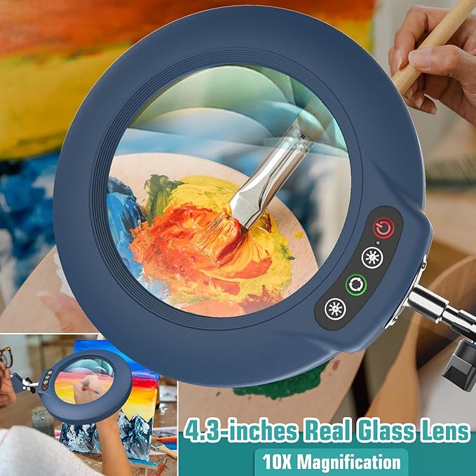 10X Magnifying Glass with Light and Stand, Real Glass Lens (Not Acrylic), 5 Color Modes, Stepless Dimmable, LED 3-in-1 Floor Lamp, Swing Arm with Clamp, Lighted Magnifier Hands Free for Crafts - Blue