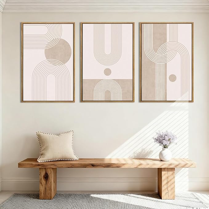 ANHUIB Neutral Boho Abstract Canvas Wall Art Set of 3 Framed Mid Century Modern Wall Decor Beige Geometric Line Artwork Minimalist Prints 16x24 Inch Painting for Living Room Bedroom Dining Room Office