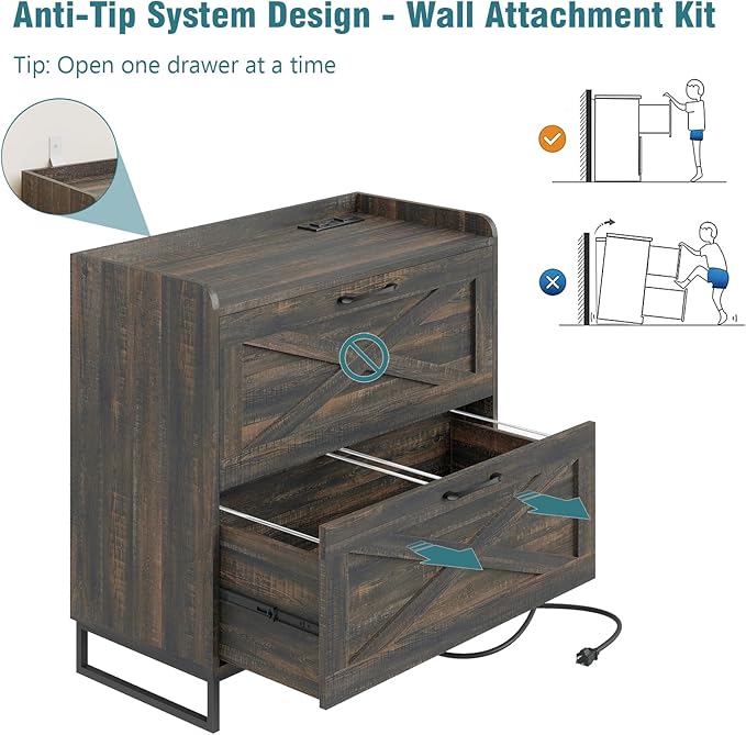 2 Drawer Lateral File Cabinet, Filing Cabinet with Charging Station for Letter/Legal/A4 Size Hanging Files, Modern Farmhouse File Cabinet for Home Office, Printer Stand with Storage, Dark Rustic Oak