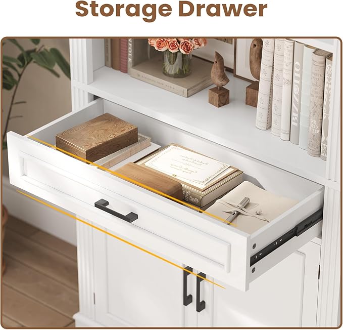 SEDETA Farmhouse Bookshelves and Bookcases with Doors and Drawer, Bookshelf with Storage, Floor Standing 6 Shelf Display Storage Shelves 70 in Tall Bookshelf for Home Office, Living Room, White