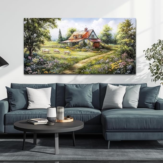 QIYILEXWART Canvas Wall Art For Living Room Large Wall Decor For Office Bedroom Decorations Grassland Pictures The Hut Paintings Modern Inspiration Artwork Room Ready To Hang