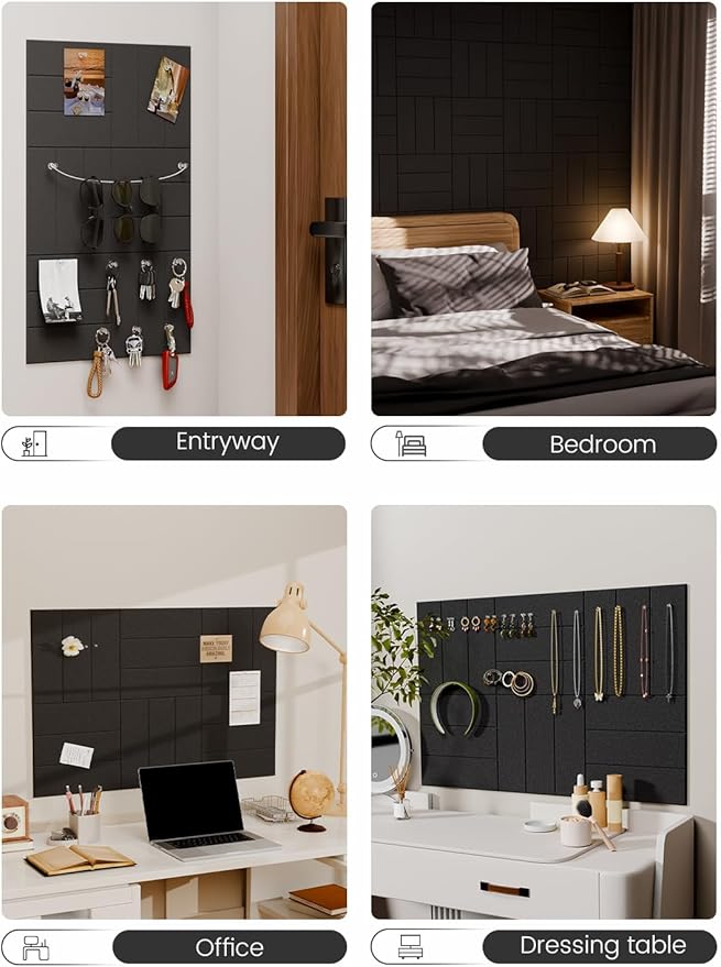 Fluxynara Felt Bulletin Board Tiles -28"x18" with 40 Adhesive Tabs, Cork Board Alternative for Office Decor, Push Pin Board Wall Organizer 6-Pack(Black)