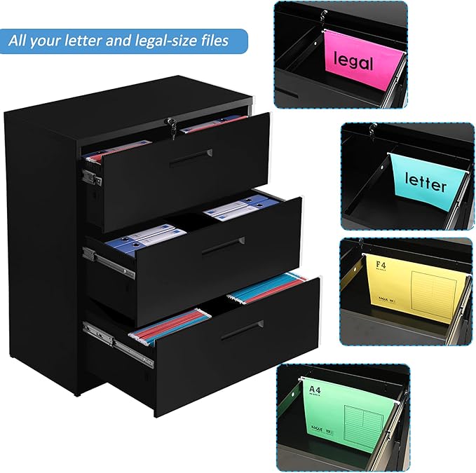 Lateral File Cabinet, 3 Drawers Metal Lockable Filing Cabinet for Commercial Grade Office Legal and Letter File (Black)